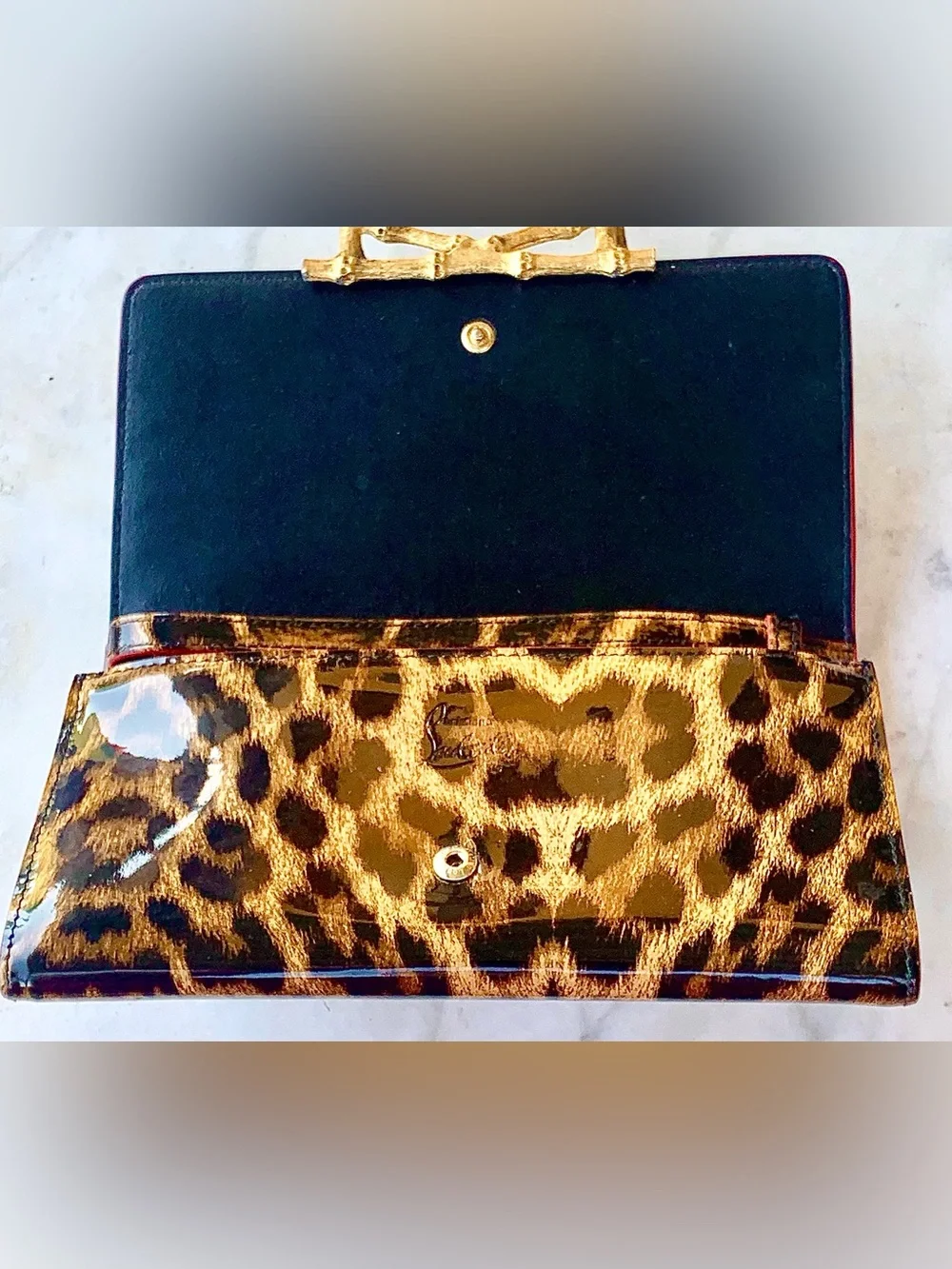 CHRISTIAN LOUBOUTIN MACARON PATENT SPIKED FLAP WALLET CLUTCH LEOPARD WRISTLET